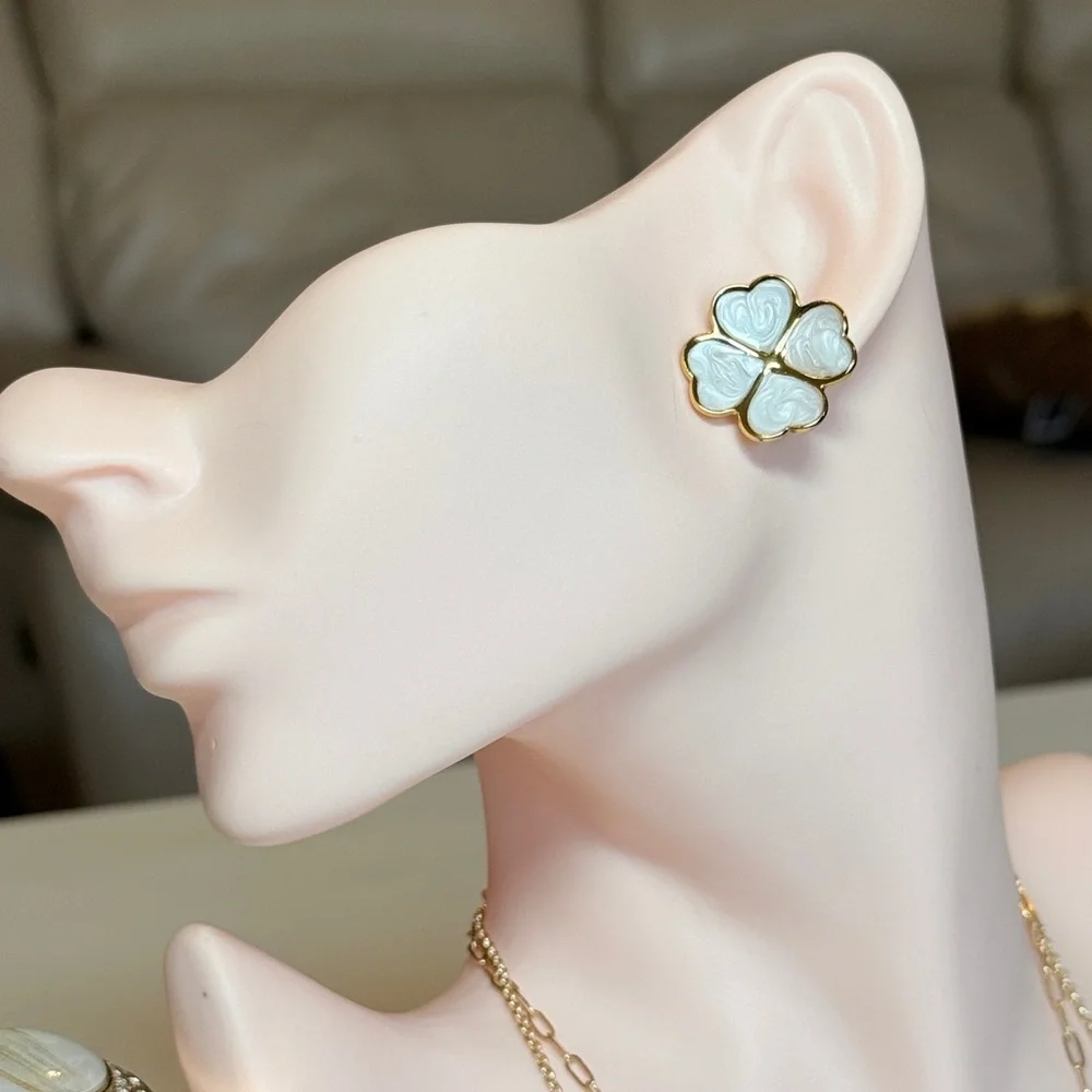 Gold and White Flower Earrings